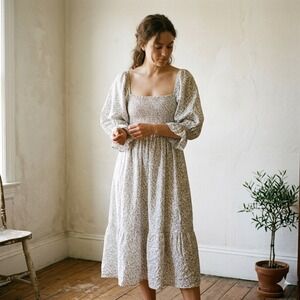 Nothing Fits But Dress Womens L/XL Cream Floral Smocked Puff Sleeve Cottagecore